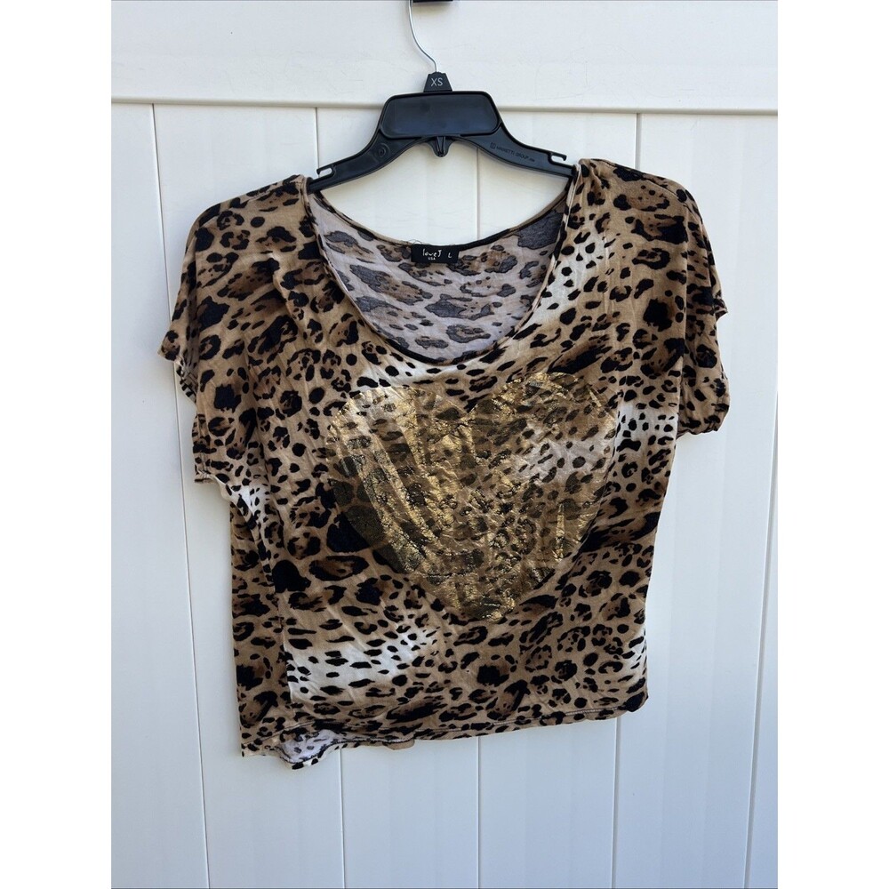 Love J Knit Top Womens Large Cheetah Print Glitter Heart Short Sleeve Rayon